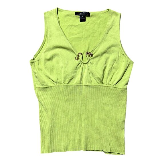 Cest City Green Sleeveless Top W/ Gold Snake Detail V-Neck Ribbed Waist - Picture 1 of 7